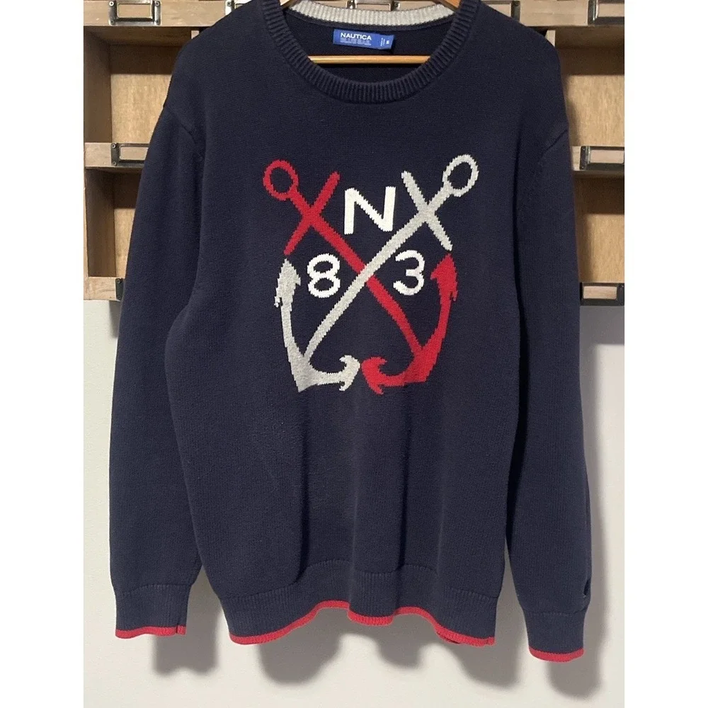 Nautical Anchor Knit Sweater Mens XL Navy Red White Yacht Club Coastal Preppy